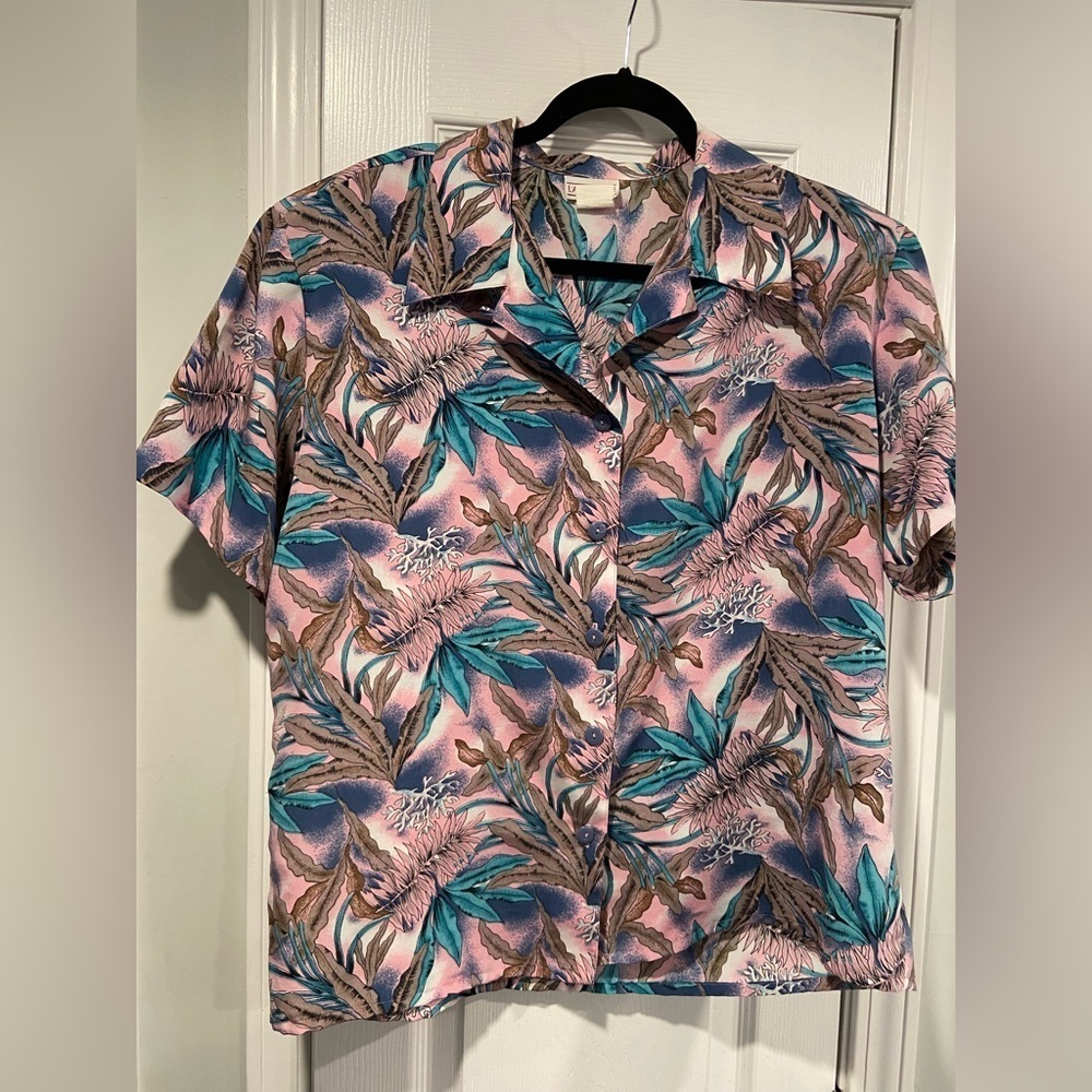 VTG 80s Lauren Lee Under the Sea Ocean Pastel Short Sleeve Button Down Size 12